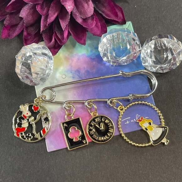 Alice Wonderland Lapel Pin Rabbit Black Safety Pin Enamel Badge Brooch Gift Pin - Picture 3 of 12